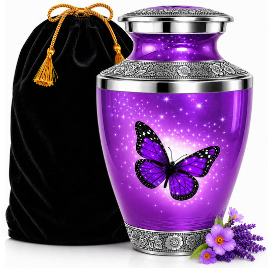 Purple Butterfly Cremation Urn for Human Ashes with black velvet bag and purple flowers — large adult memorial urn