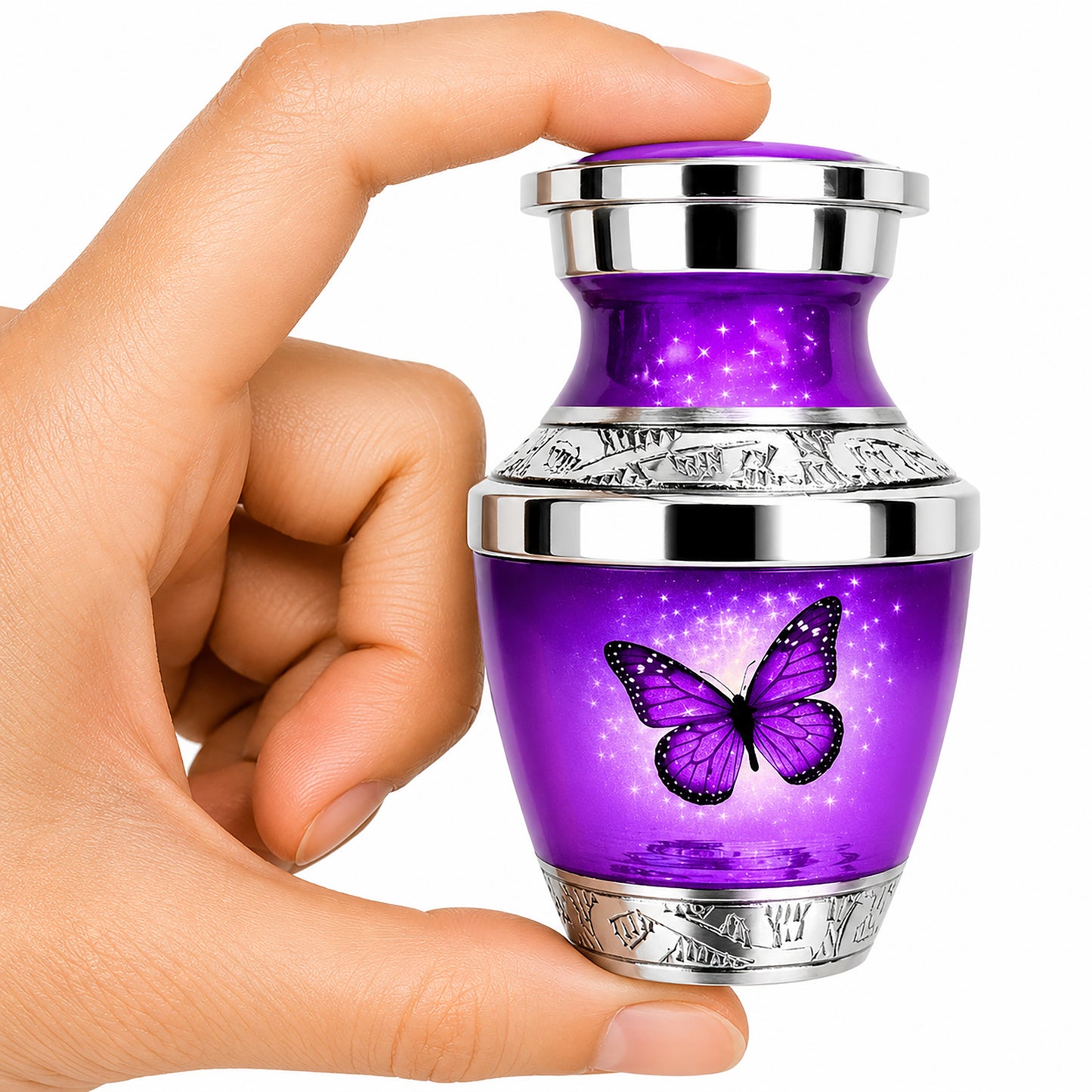 Purple Butterfly Keepsake Cremation Urn held in hand — small sharing memorial urn for human ashes