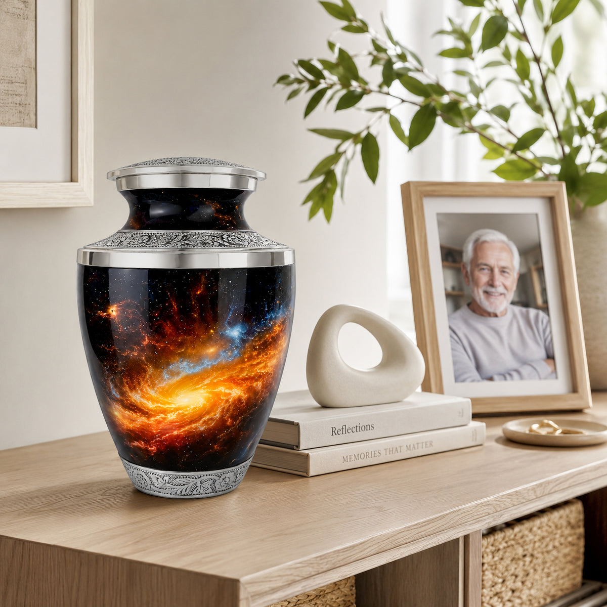 Celestial Galaxy Cremation Urn on Dresser with Memorial Photo Frame and Decorative Sculpture - Main Lifestyle Image