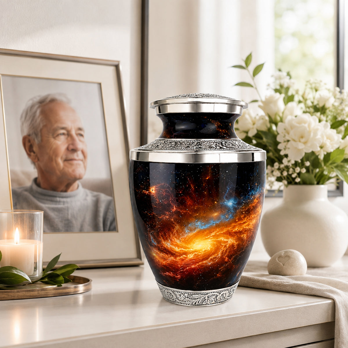 Celestial Galaxy Cremation Urn on White Console with Candles White Flowers and Memorial Photo Frame