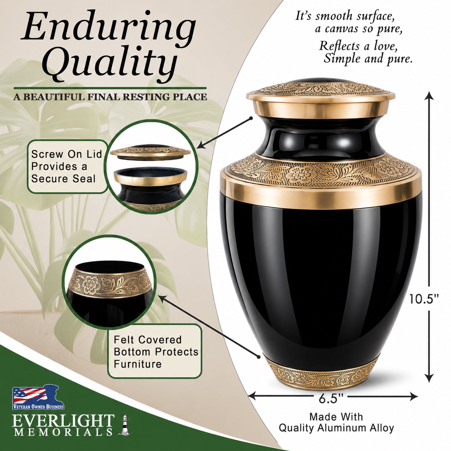 Classic Gloss Black Urn for Ashes Adult Male or Female – Large Cremation Urn for Human Ashes – Memorial Funeral Urn for Men & Women, Home Display, or Burial