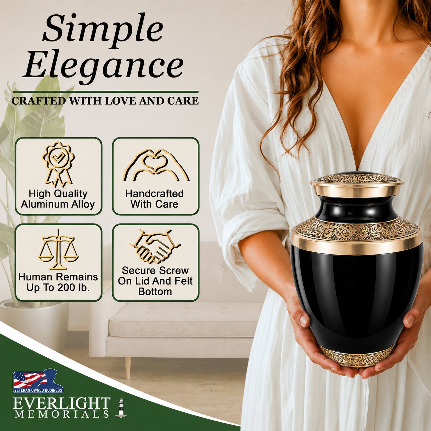 Classic Gloss Black Urn for Ashes Adult Male or Female – Large Cremation Urn for Human Ashes – Memorial Funeral Urn for Men & Women, Home Display, or Burial