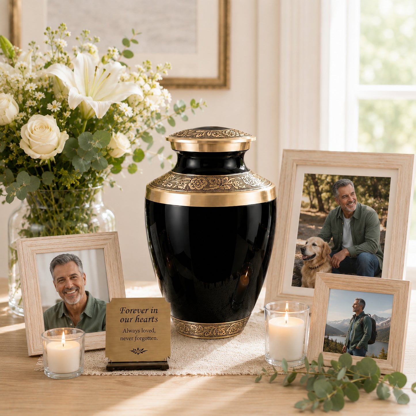 Classic Gloss Black Urn for Ashes Adult Male or Female – Large Cremation Urn for Human Ashes – Memorial Funeral Urn for Men & Women, Home Display, or Burial