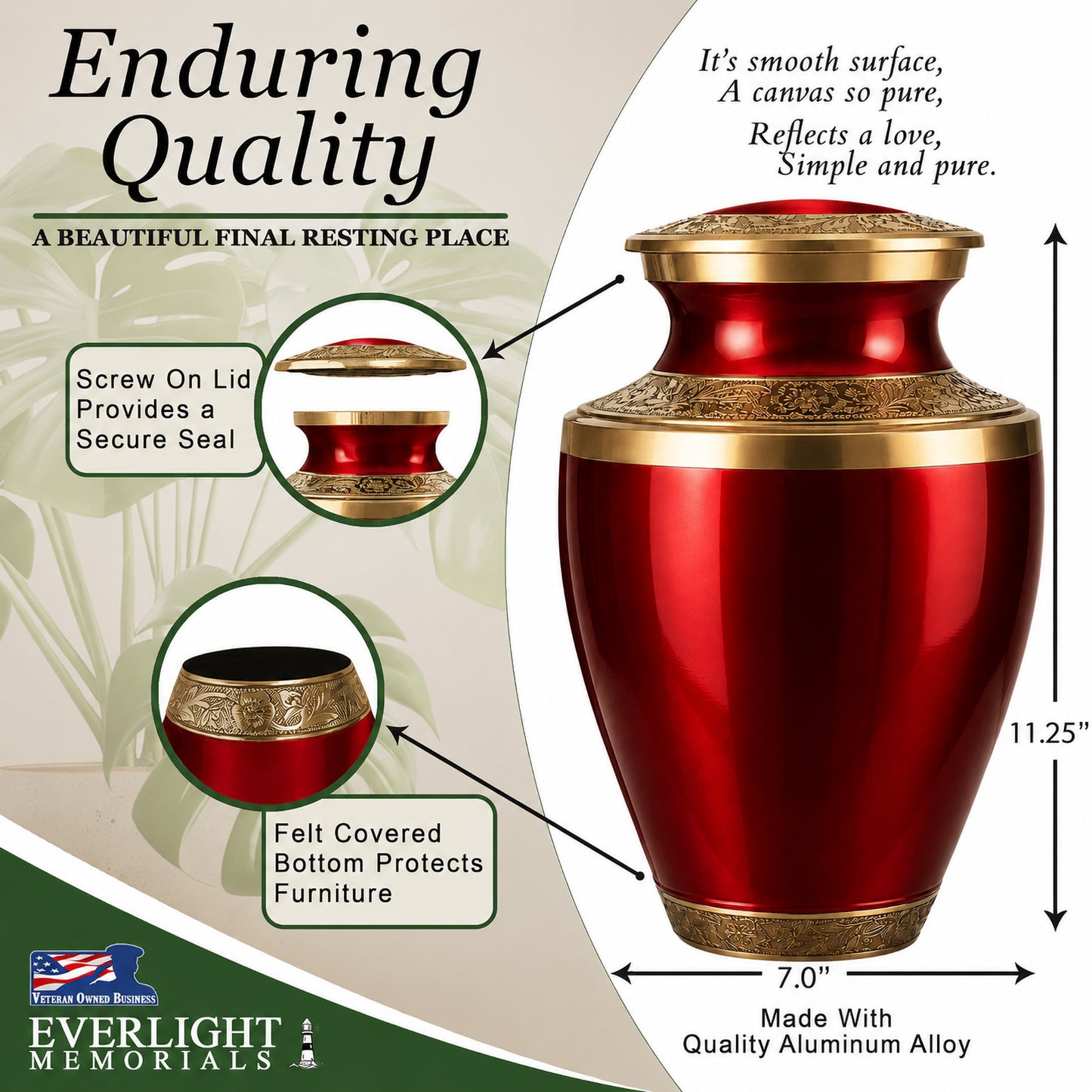 Classic Red Adult Cremation Urn for Human Ashes – Aluminum with Velvet Bag
