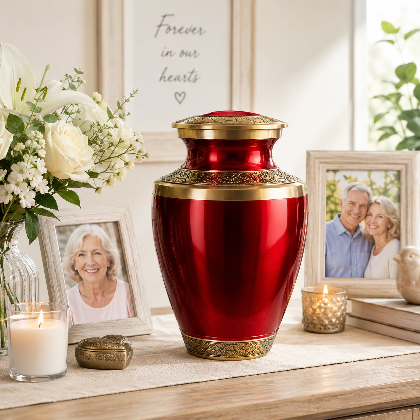 Classic Red Adult Cremation Urn for Human Ashes – Aluminum with Velvet Bag