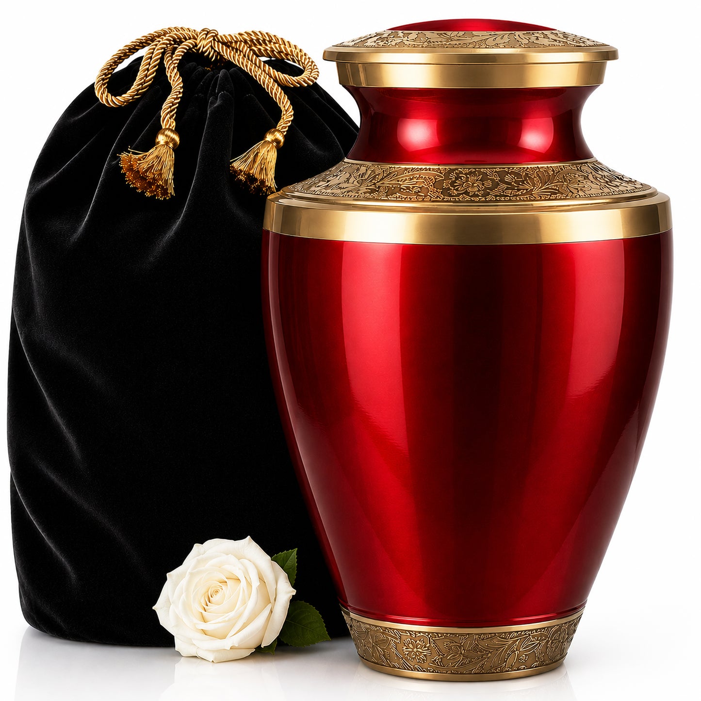 Classic Red Adult Cremation Urn for Human Ashes – Aluminum with Velvet Bag