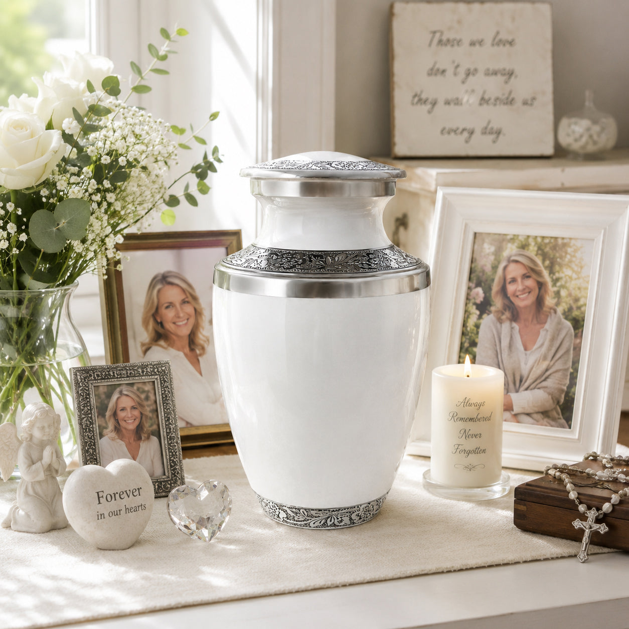 Classic White Adult Cremation Urn for Human Ashes – Aluminum with Velvet Bag
