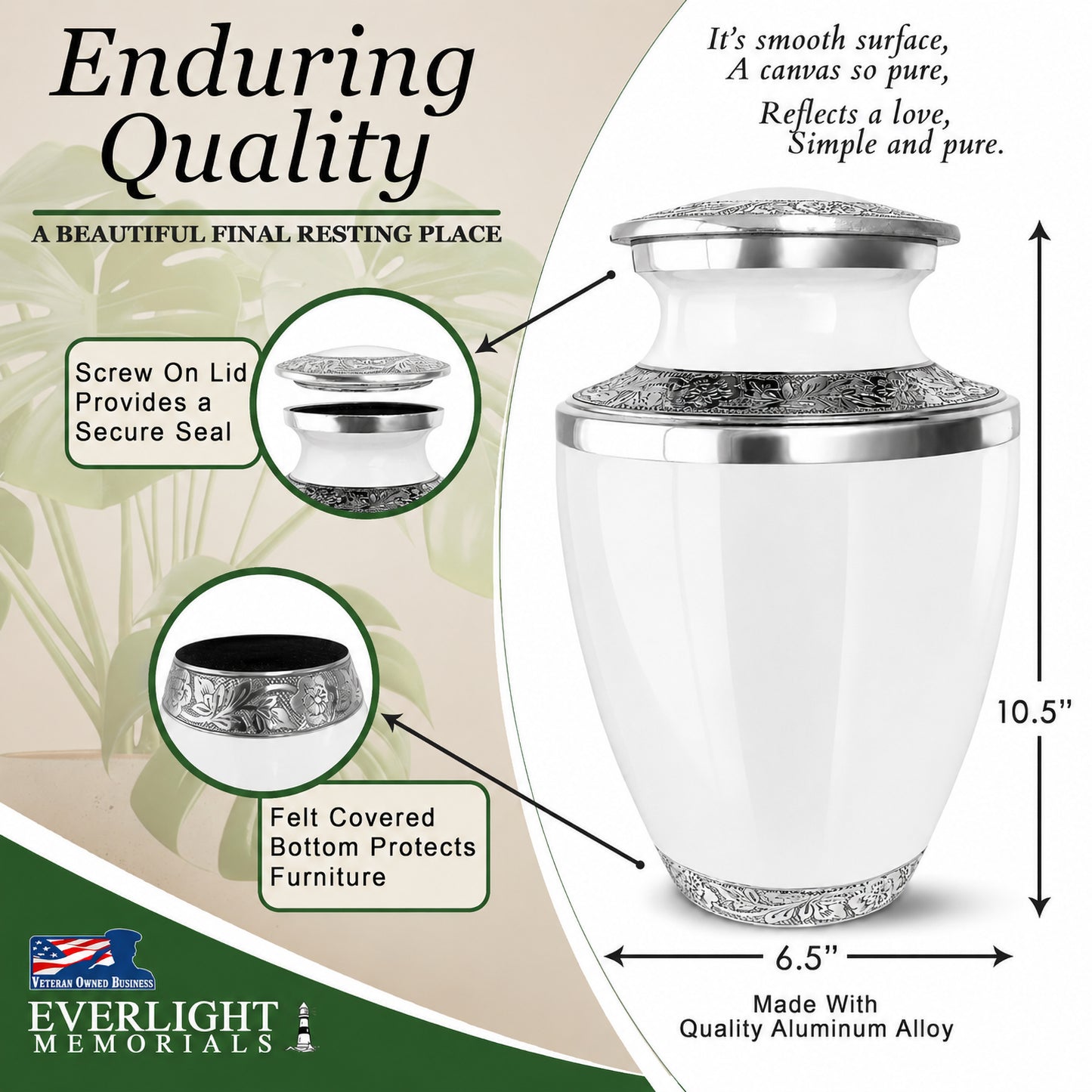 Classic White Adult Cremation Urn for Human Ashes – Aluminum with Velvet Bag