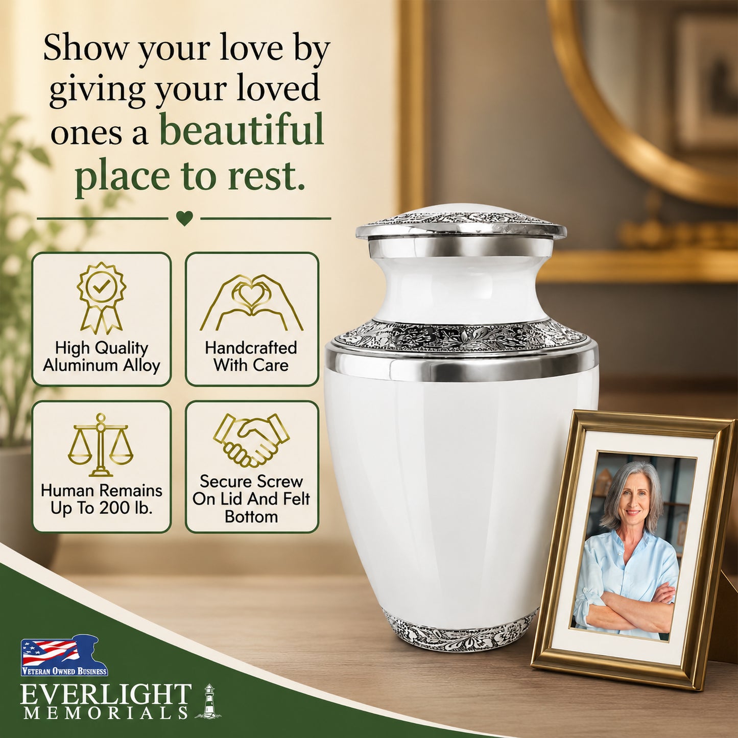 Classic White Adult Cremation Urn for Human Ashes – Aluminum with Velvet Bag