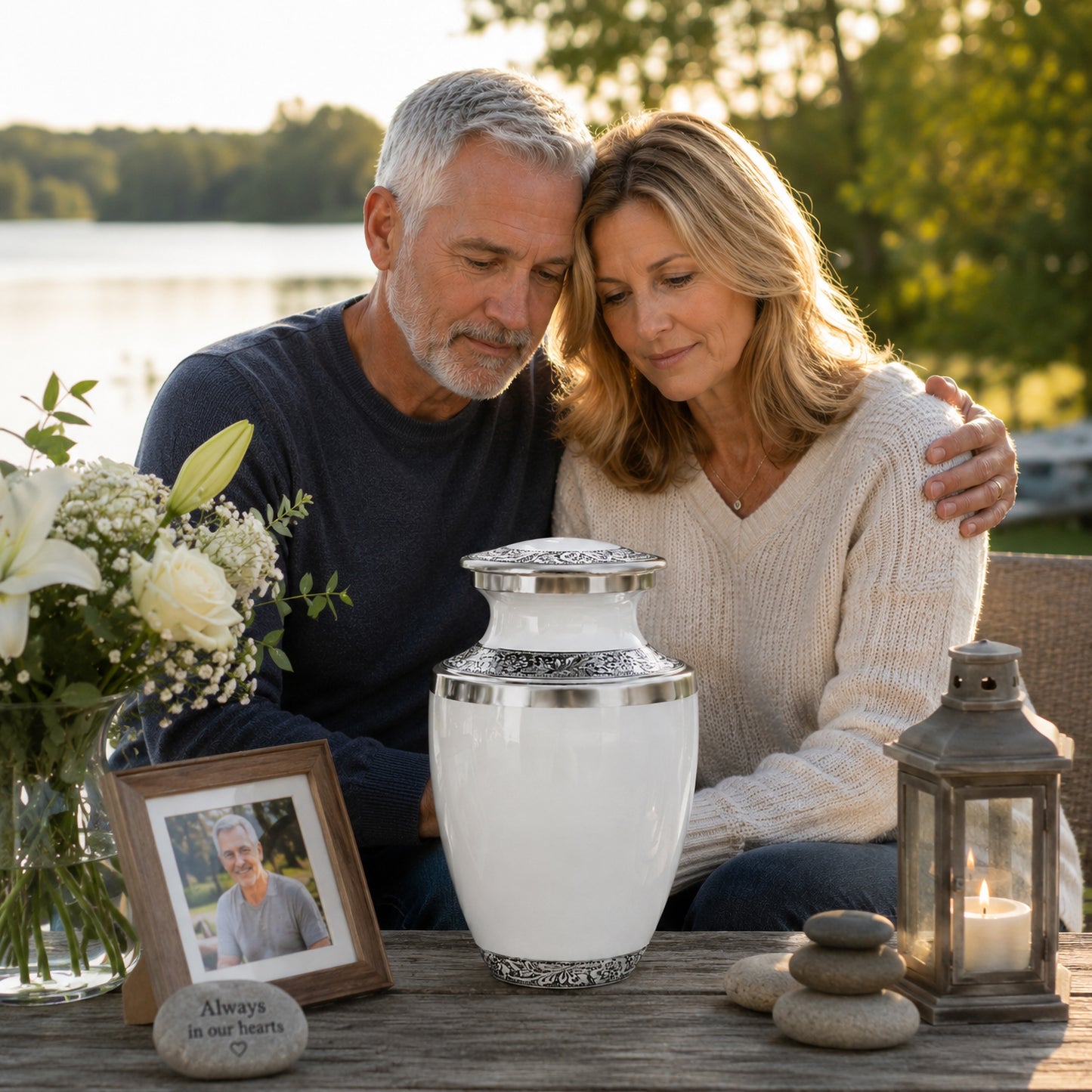 Classic White Adult Cremation Urn for Human Ashes – Aluminum with Velvet Bag