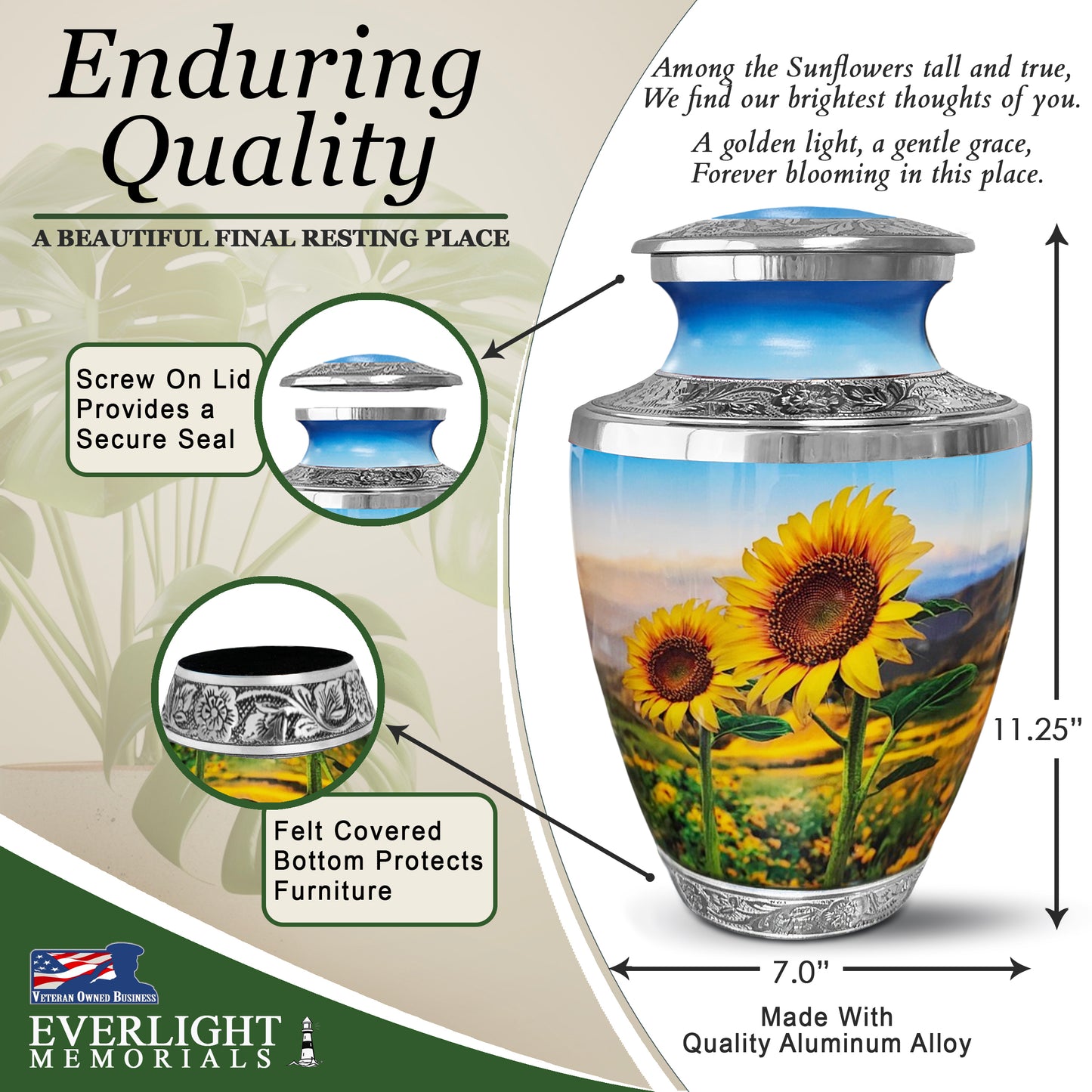 Sunflower Cremation Urn for Human Ashes – Full-Size Adult Memorial Urn for Men & Women
