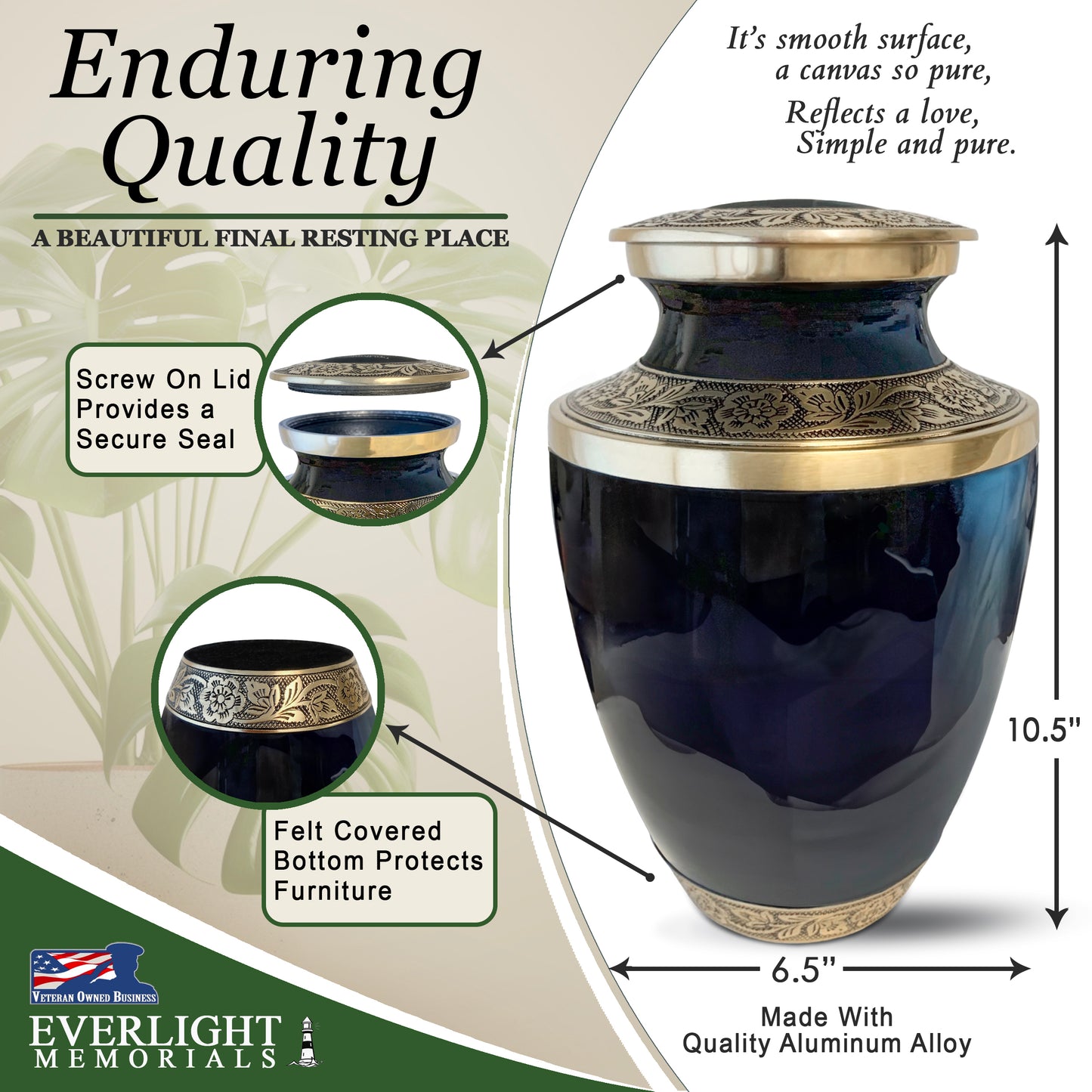 Grecian Classic Black Adult Cremation Urn for Human Ashes, Large with Velvet Bag