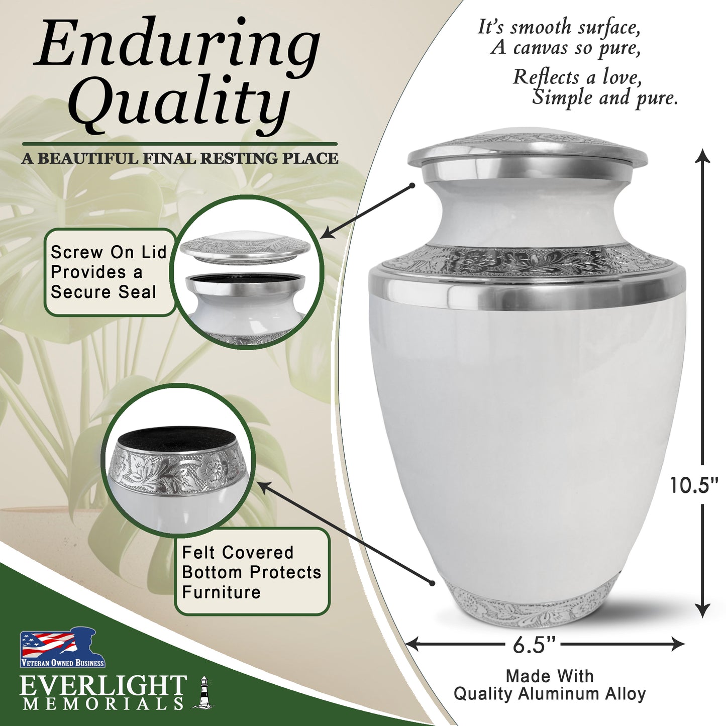 Grecian Classic White Adult Cremation Urn for Human Ashes, Large with Velvet Bag
