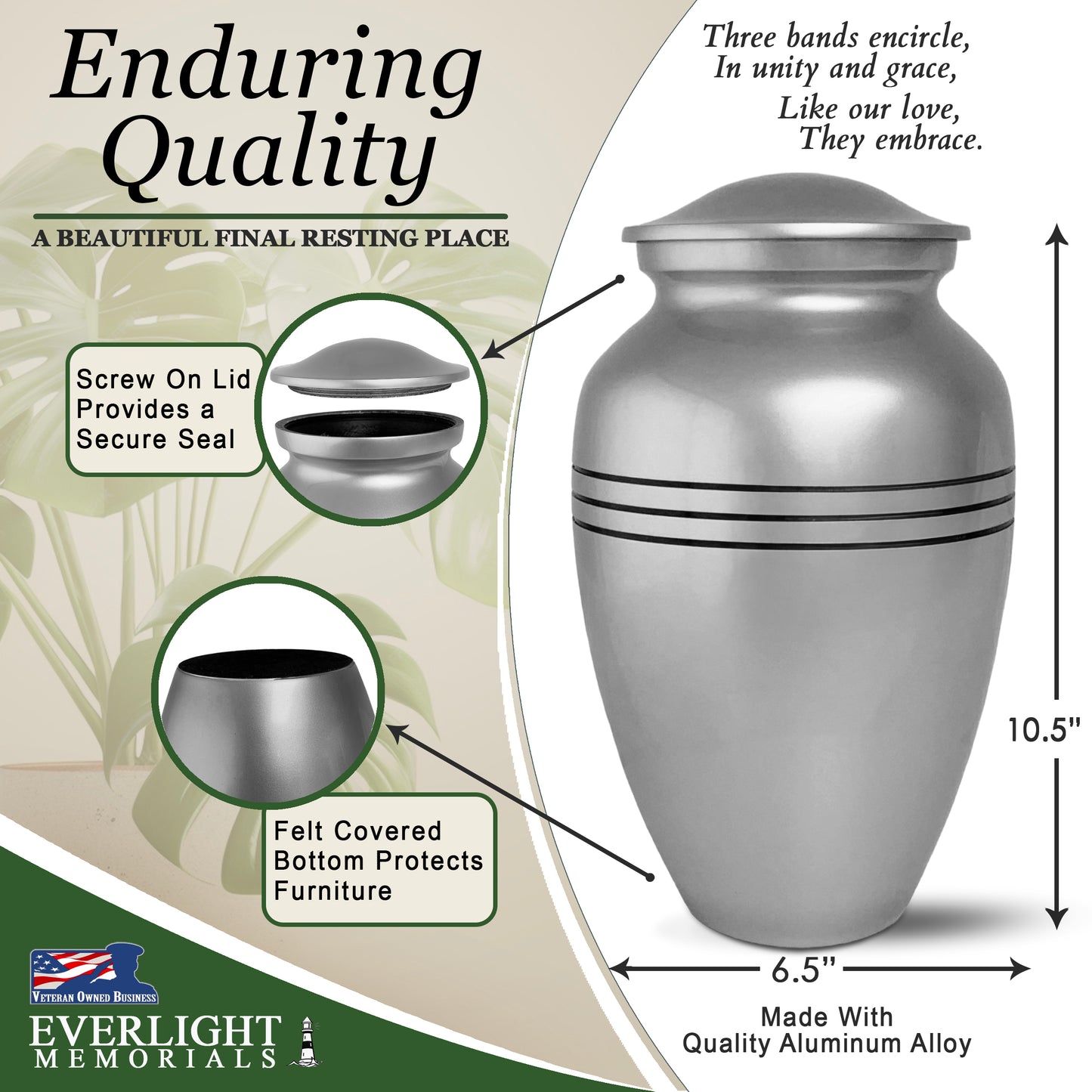 3 Banded Roman Classic Adult Cremation Urn for Human Ashes, Large w/ Velvet Bag