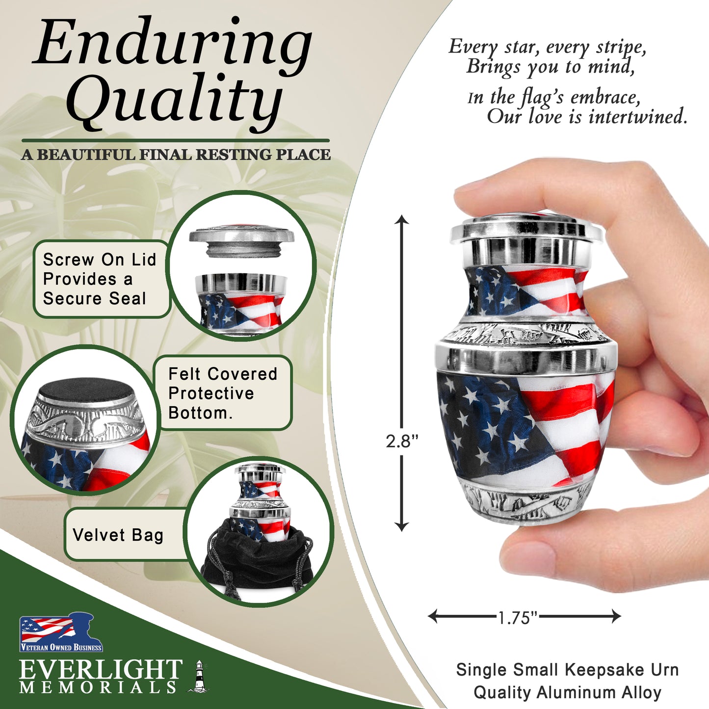 American Flag Keepsake Urn for Human Ashes – Small Memorial Urn for a Man or Woman – A Patriotic Tribute Held Close