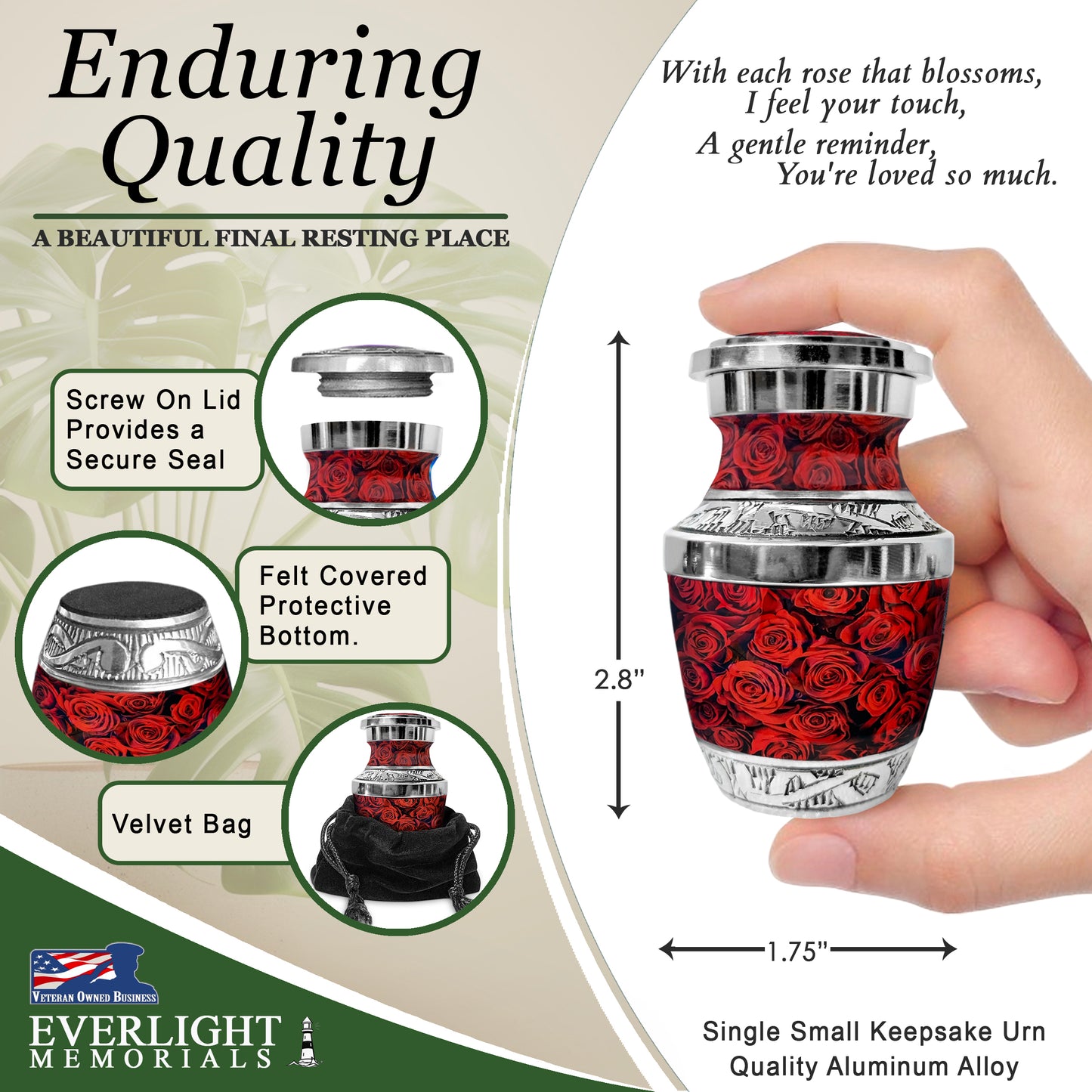 Red Roses Small Keepsake Urn for Ashes