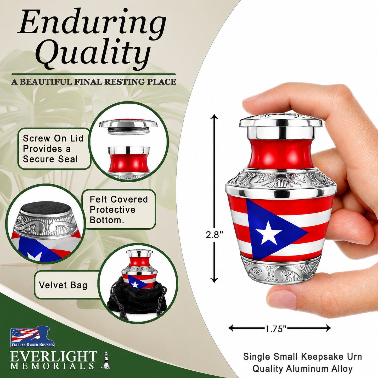 Puerto Rico Keepsake Urn - Enduring Quality Dimensions Infographic 2.8 inches
