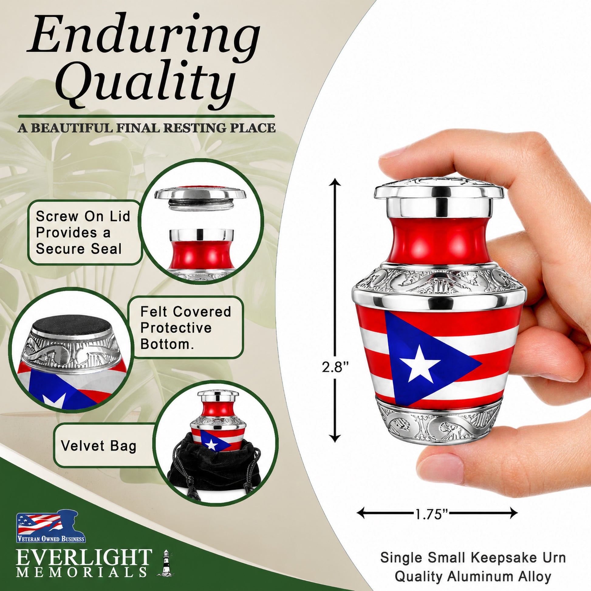 Puerto Rico Keepsake Urn - Enduring Quality Dimensions Infographic 2.8 inches