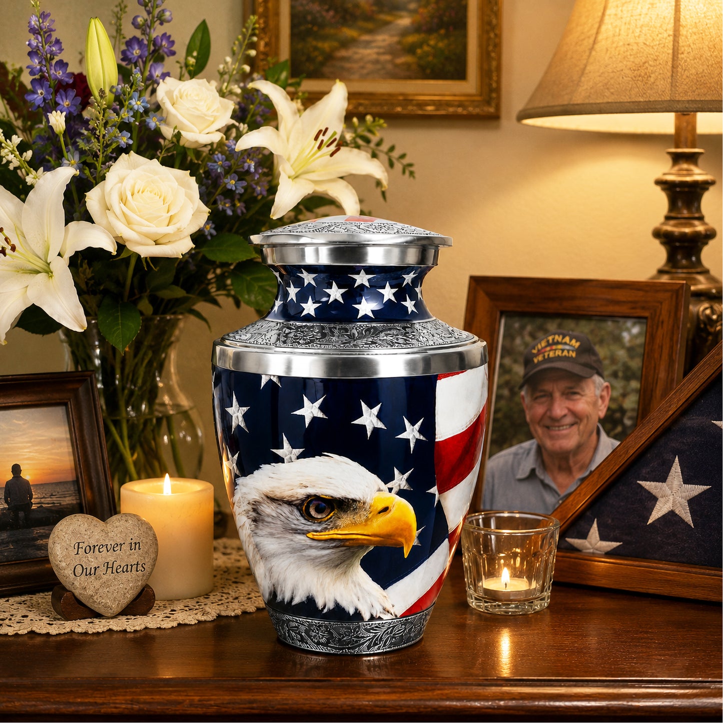 American Eagle Cremation Urn for Human Ashes displayed on memorial table with candles and veteran photo — patriotic adult memorial urn