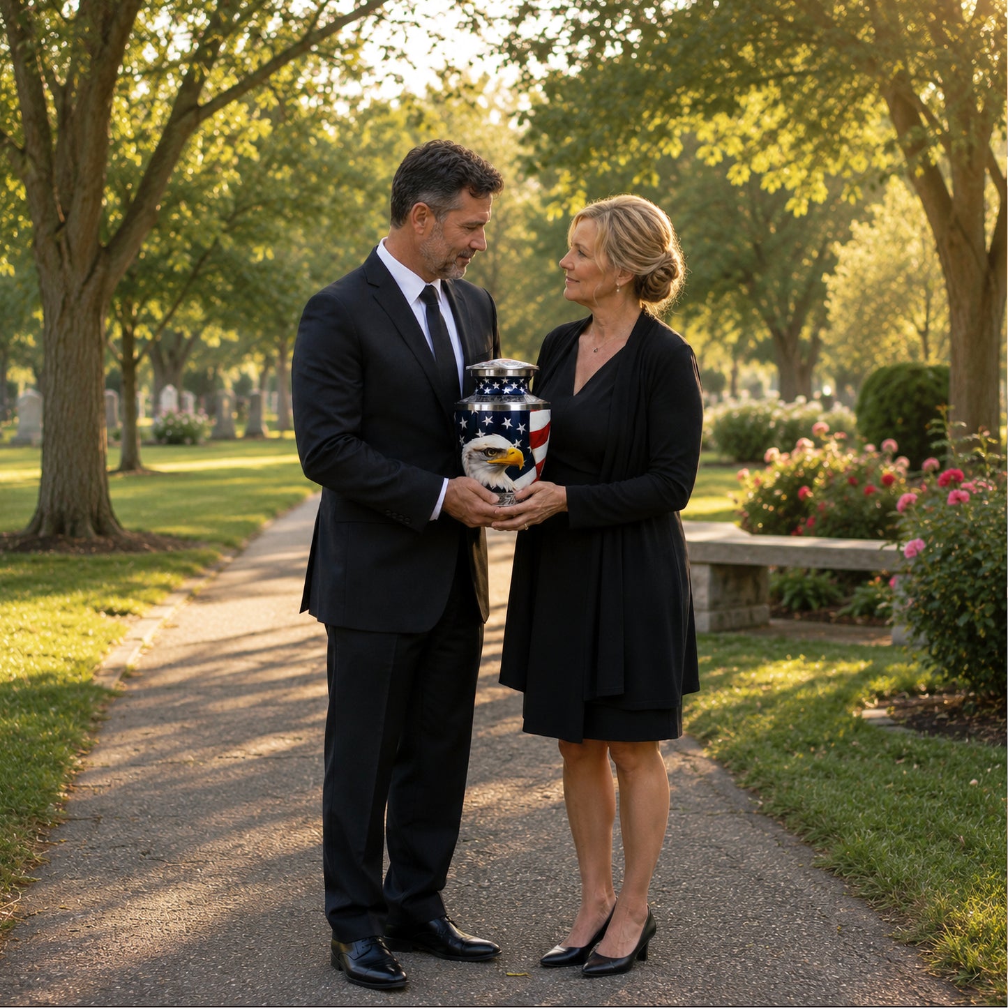 Couple holding American Eagle Cremation Urn in cemetery garden — patriotic memorial urn for veterans