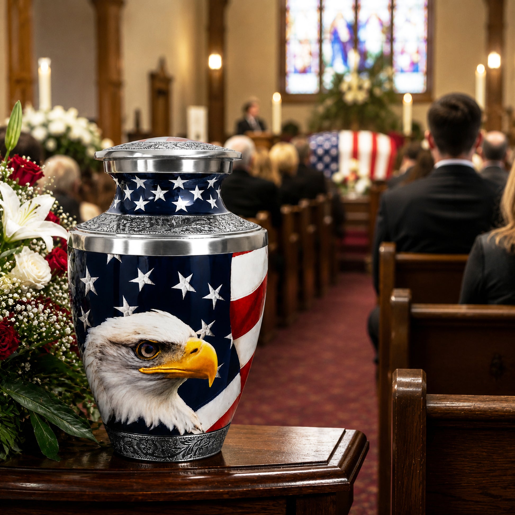 American Eagle Cremation Urn displayed at memorial service in church — patriotic adult urn for human ashes