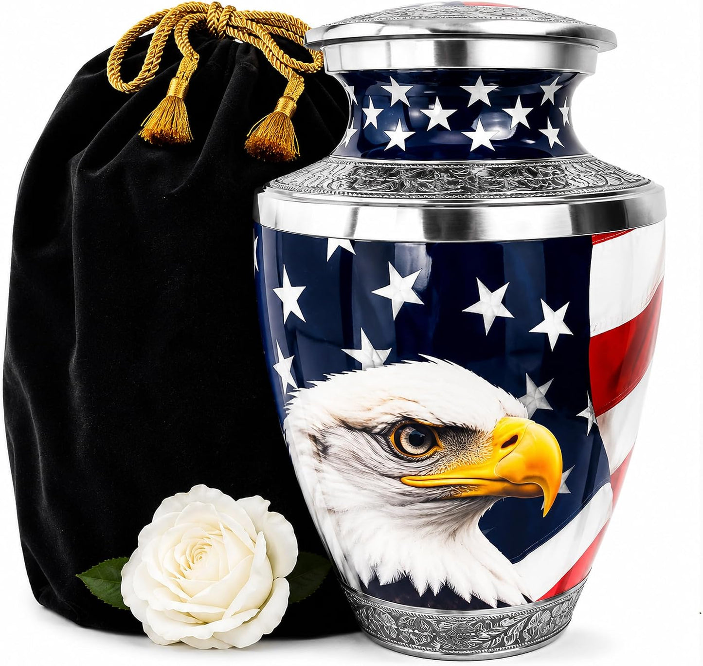 American Eagle Cremation Urn for Human Ashes with black velvet bag and white rose — patriotic adult memorial urn