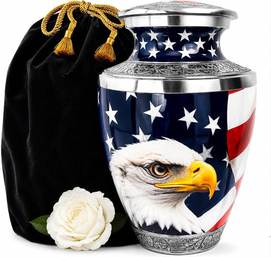 American Eagle Cremation Urn for Human Ashes with black velvet bag and white rose — patriotic adult memorial urn