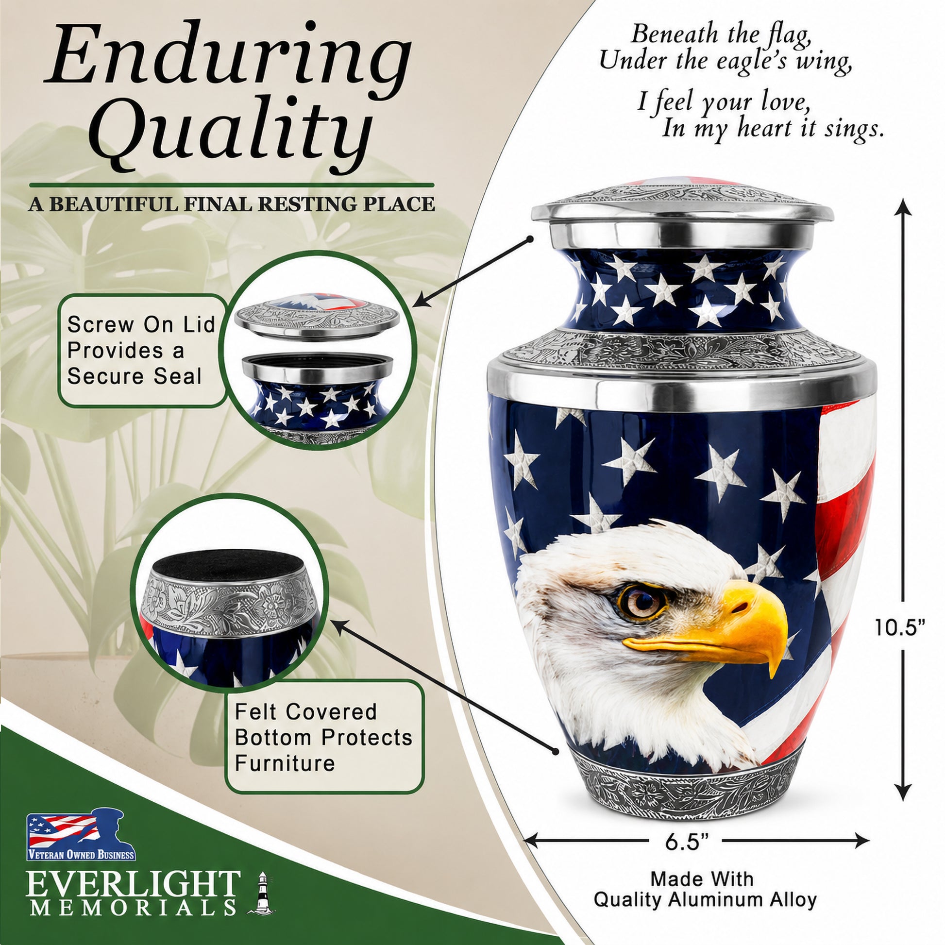 American Eagle Cremation Urn dimensions and features infographic — 10.5 inch tall patriotic memorial urn