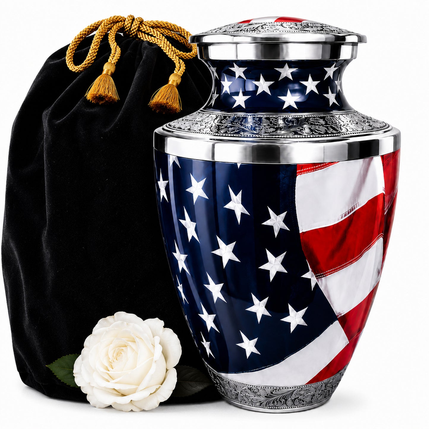 American Flag Cremation Urn for Human Ashes with black velvet bag and white rose — patriotic adult memorial urn for veterans