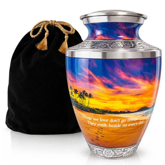 Footprints in the Sand cremation urn for human ashes with velvet bag – large adult memorial urn featuring sunset shoreline and footprints design