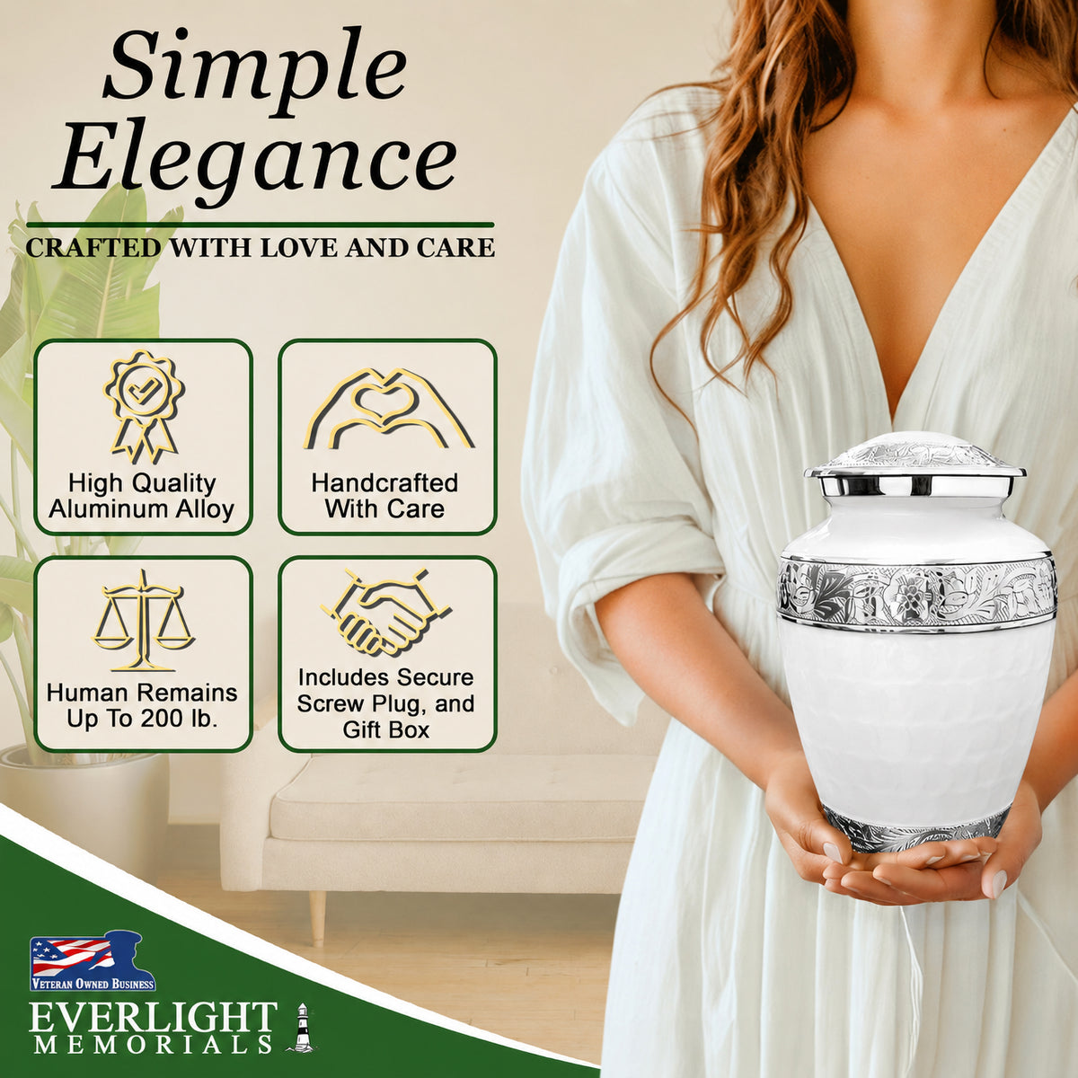 White Forever After Cremation Urn for Human Ashes – Large Adult Memorial Urn with Silver Floral Band & Velvet Bag