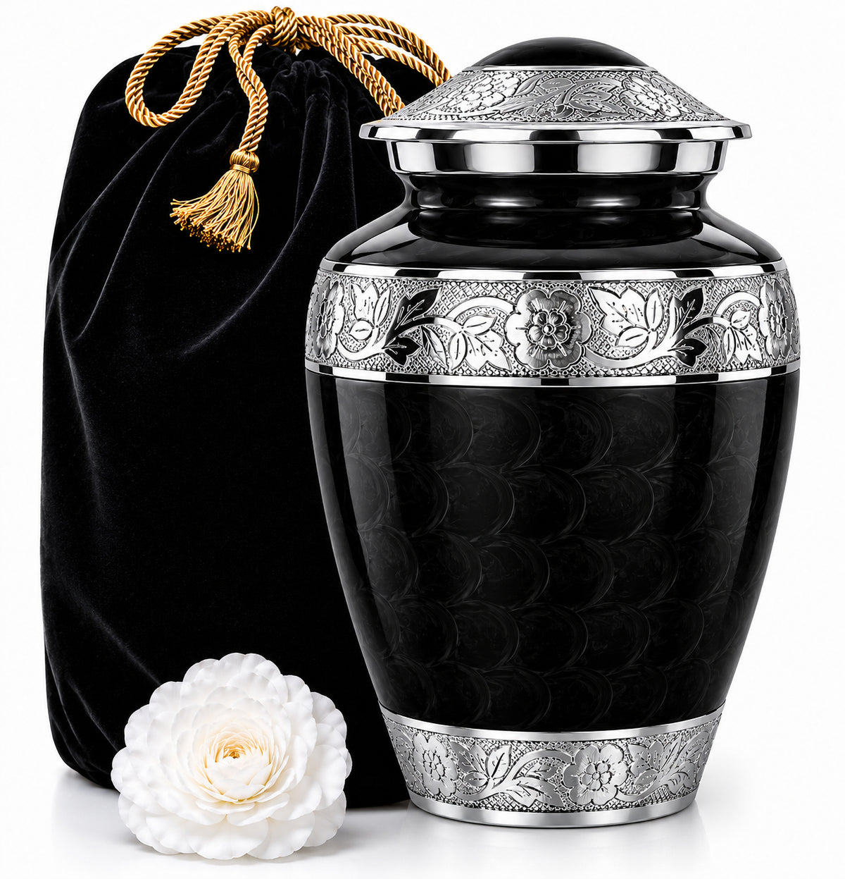 Black Forever After Cremation Urn for Human Ashes with velvet bag and white flower