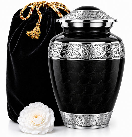 Black Forever After Cremation Urn for Human Ashes with velvet bag and white flower