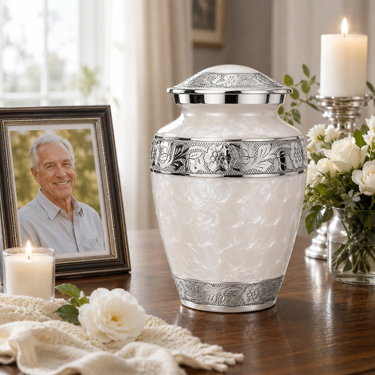 White Forever After Adult Cremation Urn displayed on wooden table with candles, white roses and framed photo of man