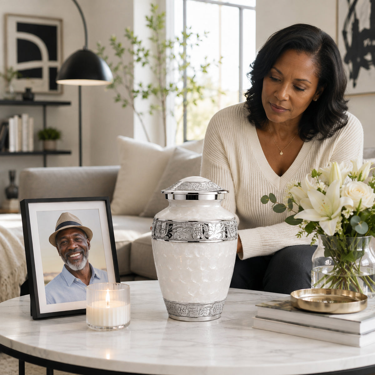 Woman gazing at White Forever After Adult Cremation Urn on coffee table beside framed photo and white flowers