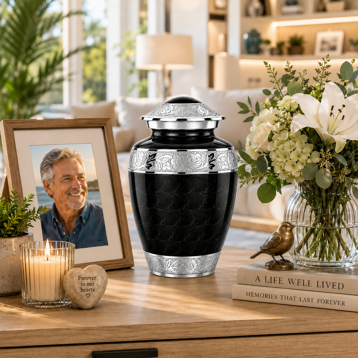 Black Forever After Cremation Urn displayed on wooden table with candle, photo frame, and flowers