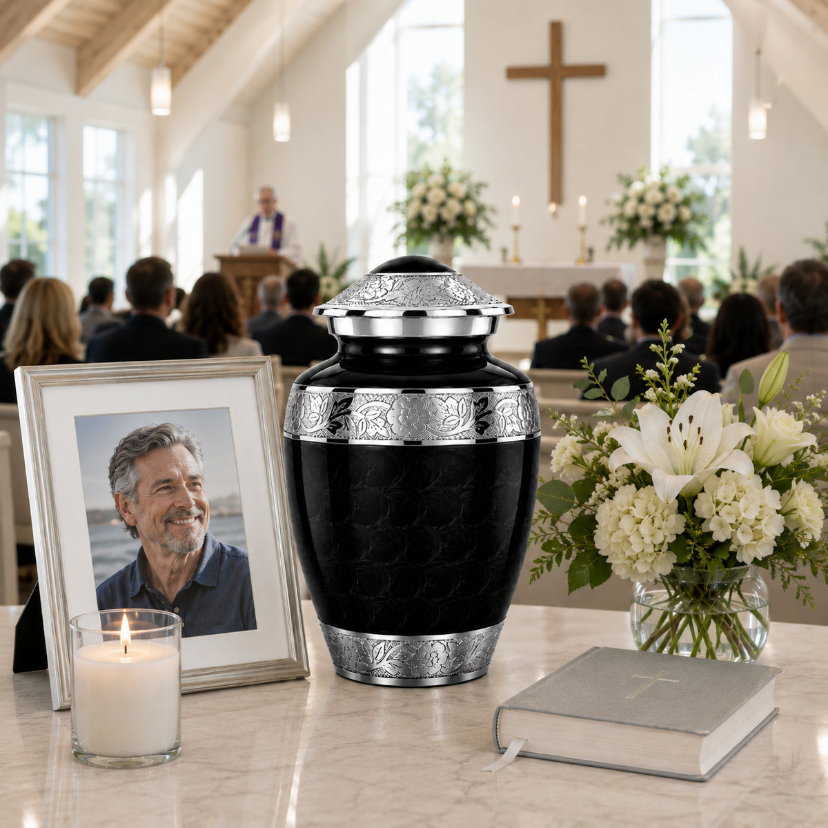 Black Forever After Cremation Urn displayed at memorial service in church setting