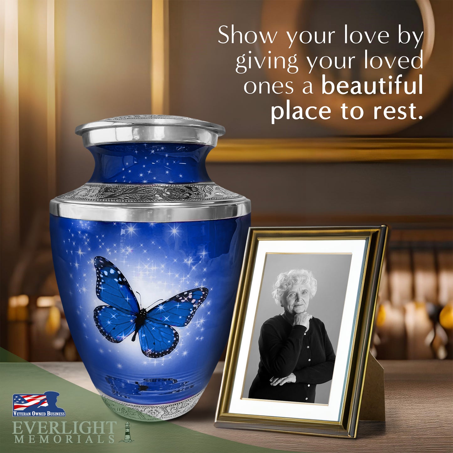 Dark Blue Butterfly Cremation Urn for Ashes, Large with Velvet Bag