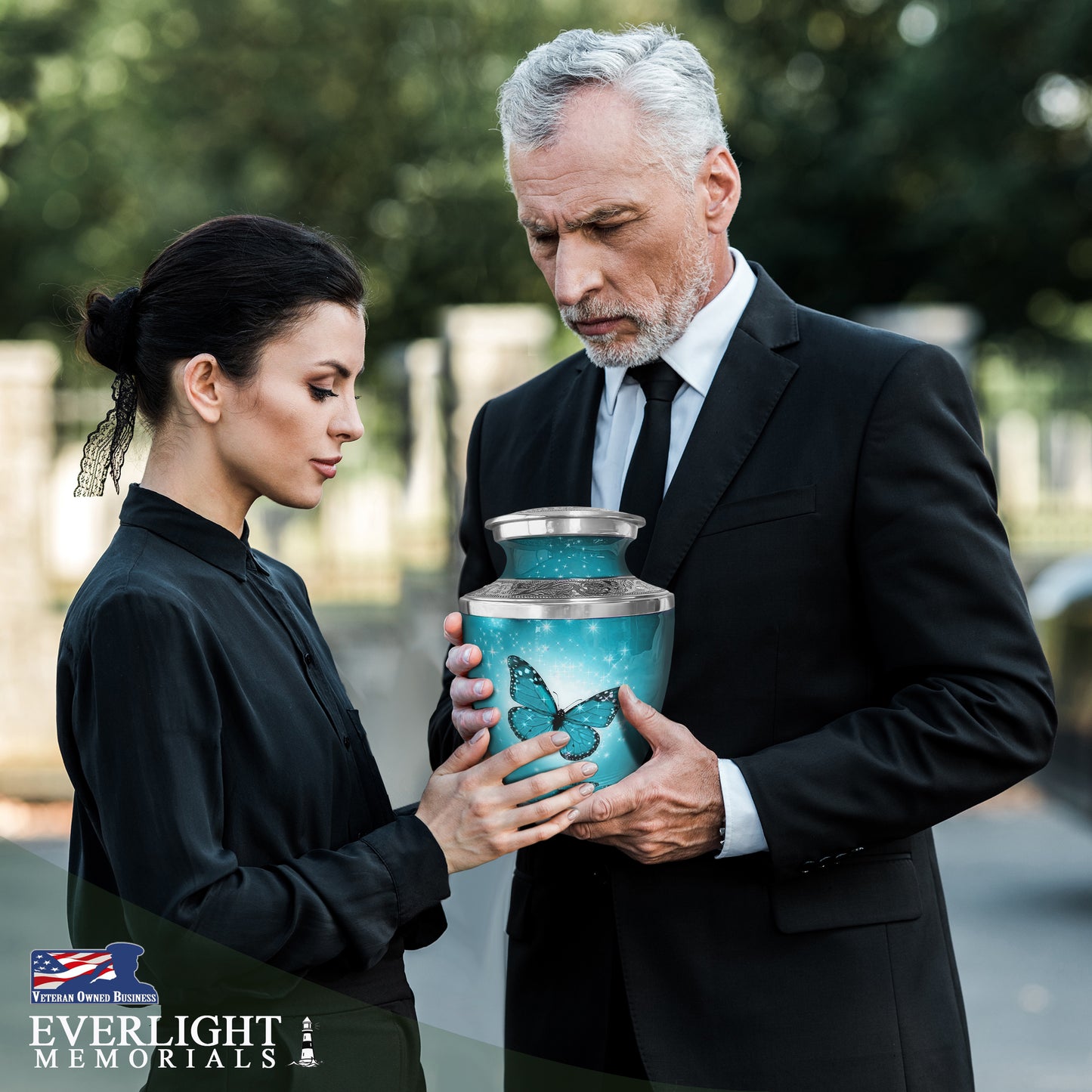 Light Blue Butterfly Cremation Urn for Ashes, Large with Velvet Bag