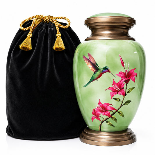 Green Hummingbird Adult Cremation Urn — white background with black velvet bag