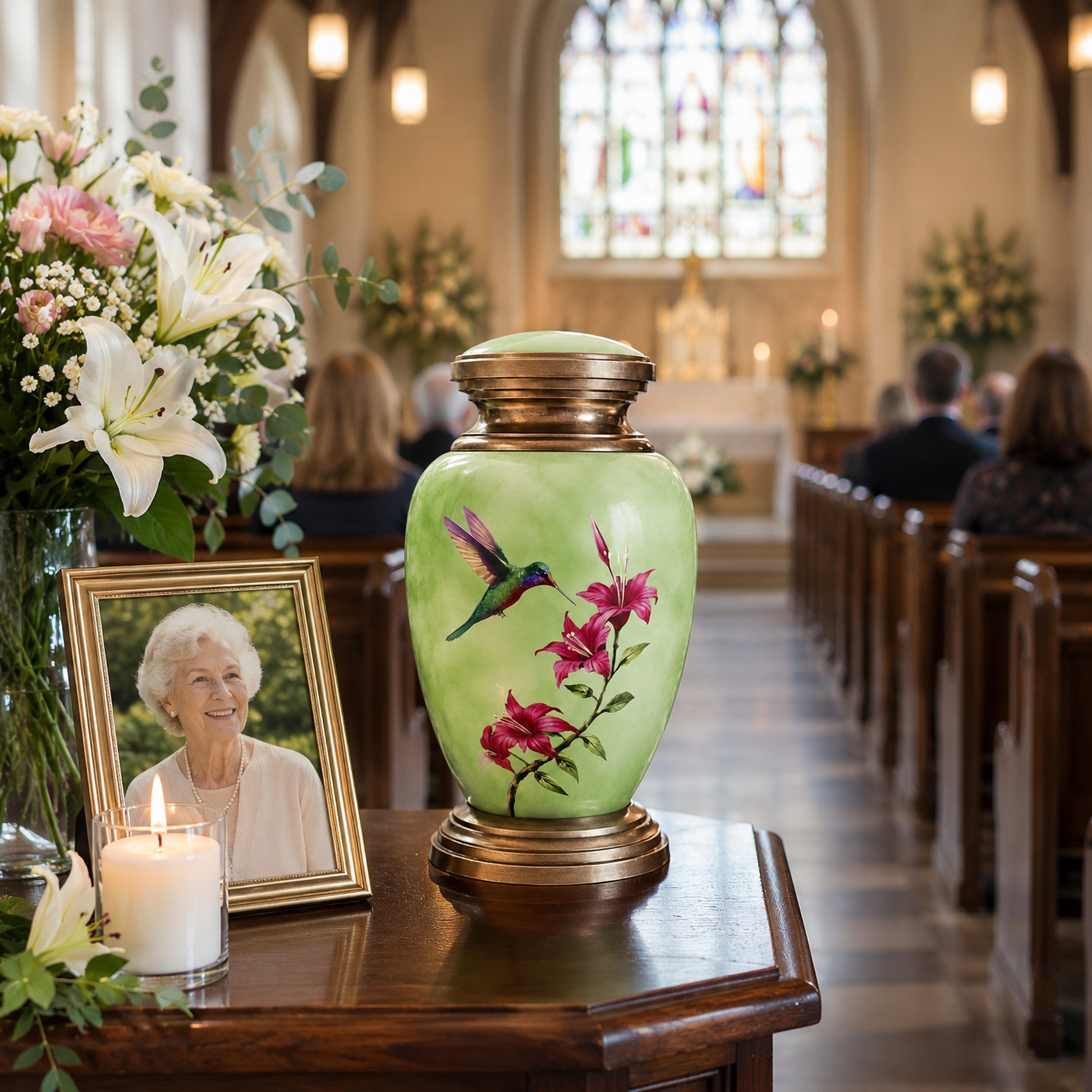 Green Hummingbird Adult Cremation Urn — home display with framed photo, Forever in Our Hearts plaque, candle and rosary