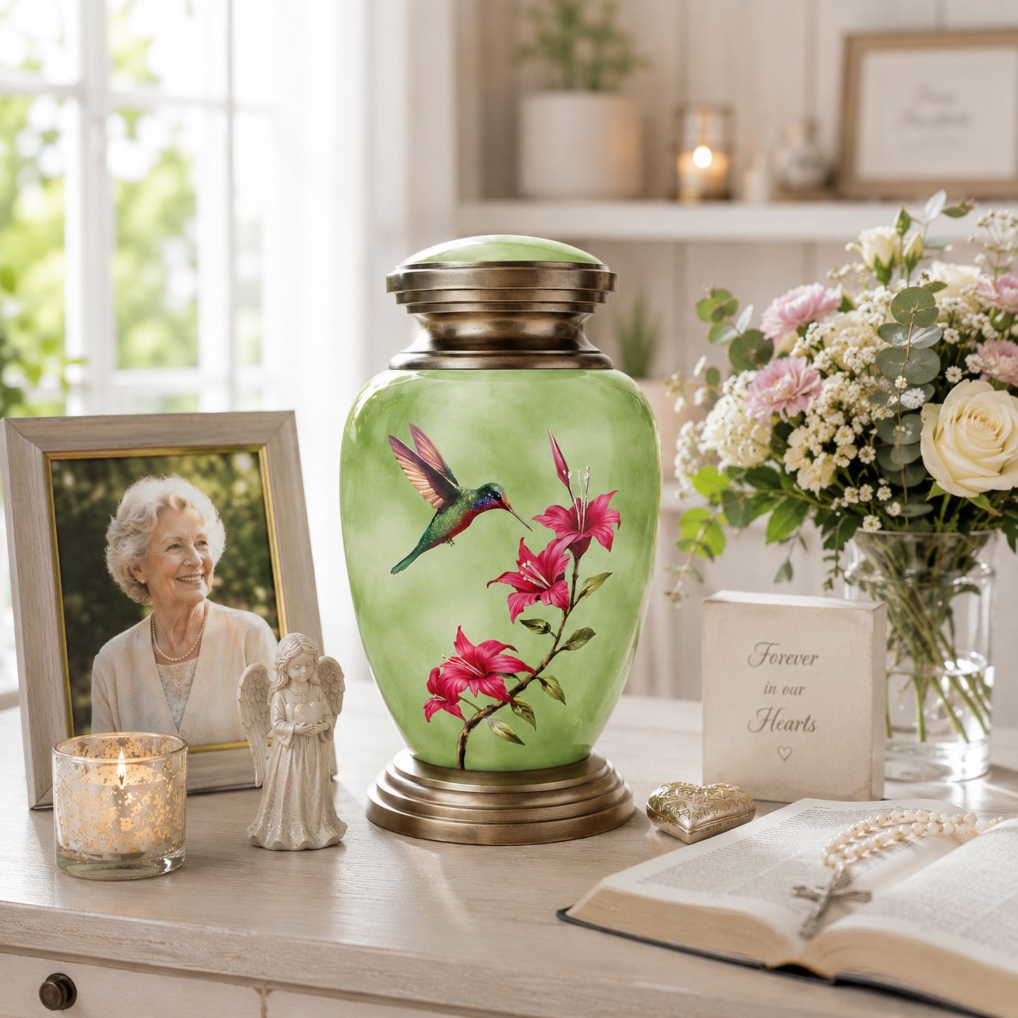 Green Hummingbird Adult Cremation Urn — lifestyle display on table with framed photo, angel figurine, candle and flowers