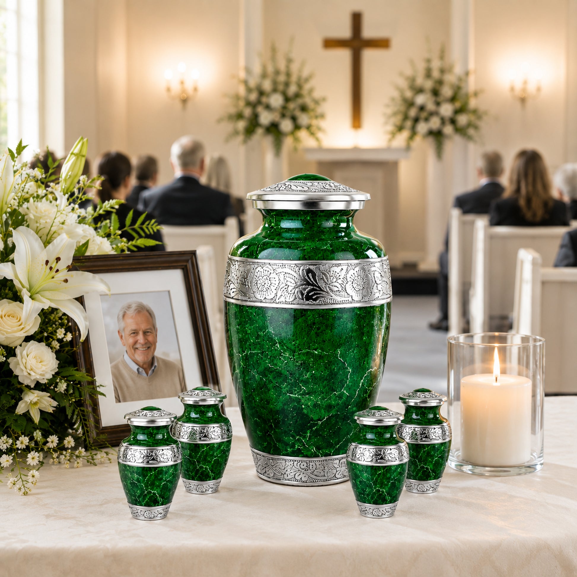 Green marble cremation urn set on wooden dresser with candle and family photo lifestyle shot