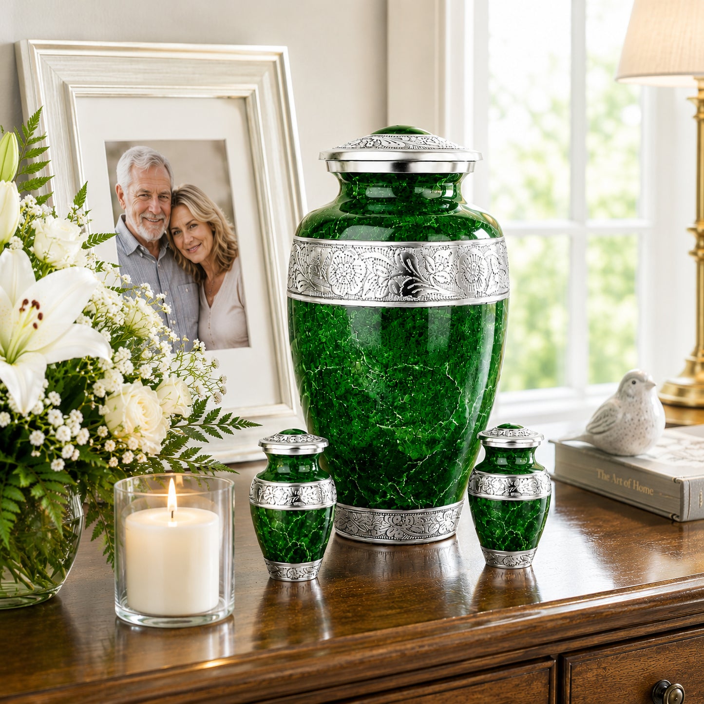 Green marble cremation urn set displayed at church memorial service with flowers and candles