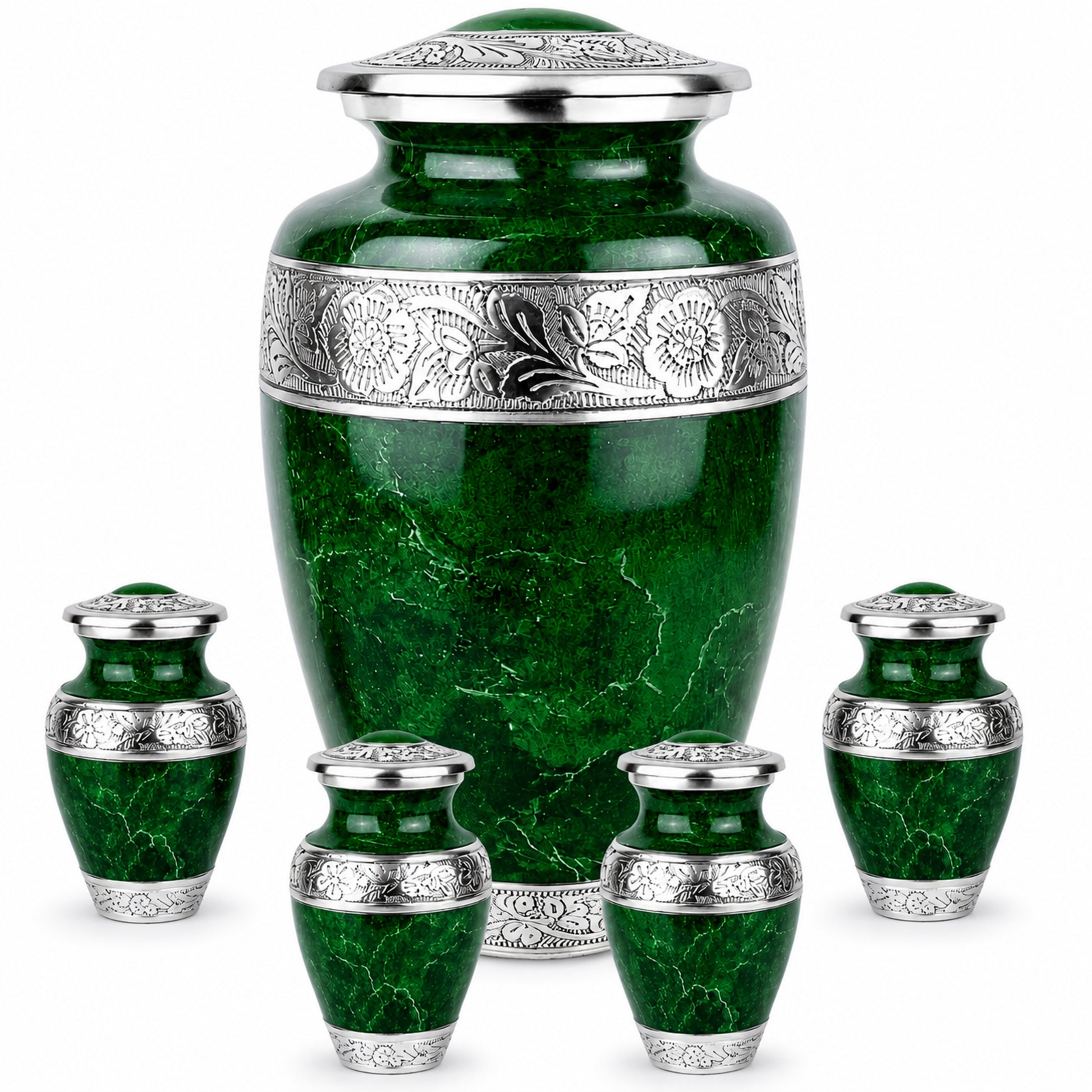Green marble cremation urn set with one large adult urn and four matching keepsake urns on white background