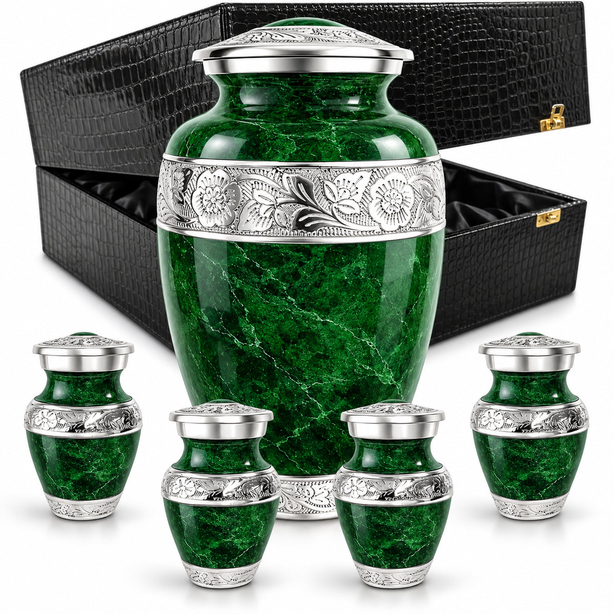 Green marble adult cremation urn with matching keepsake urns and black presentation box