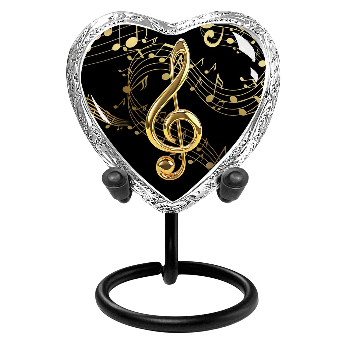 Black and gold musical notes heart keepsake urn on black metal stand clean product shot on white background