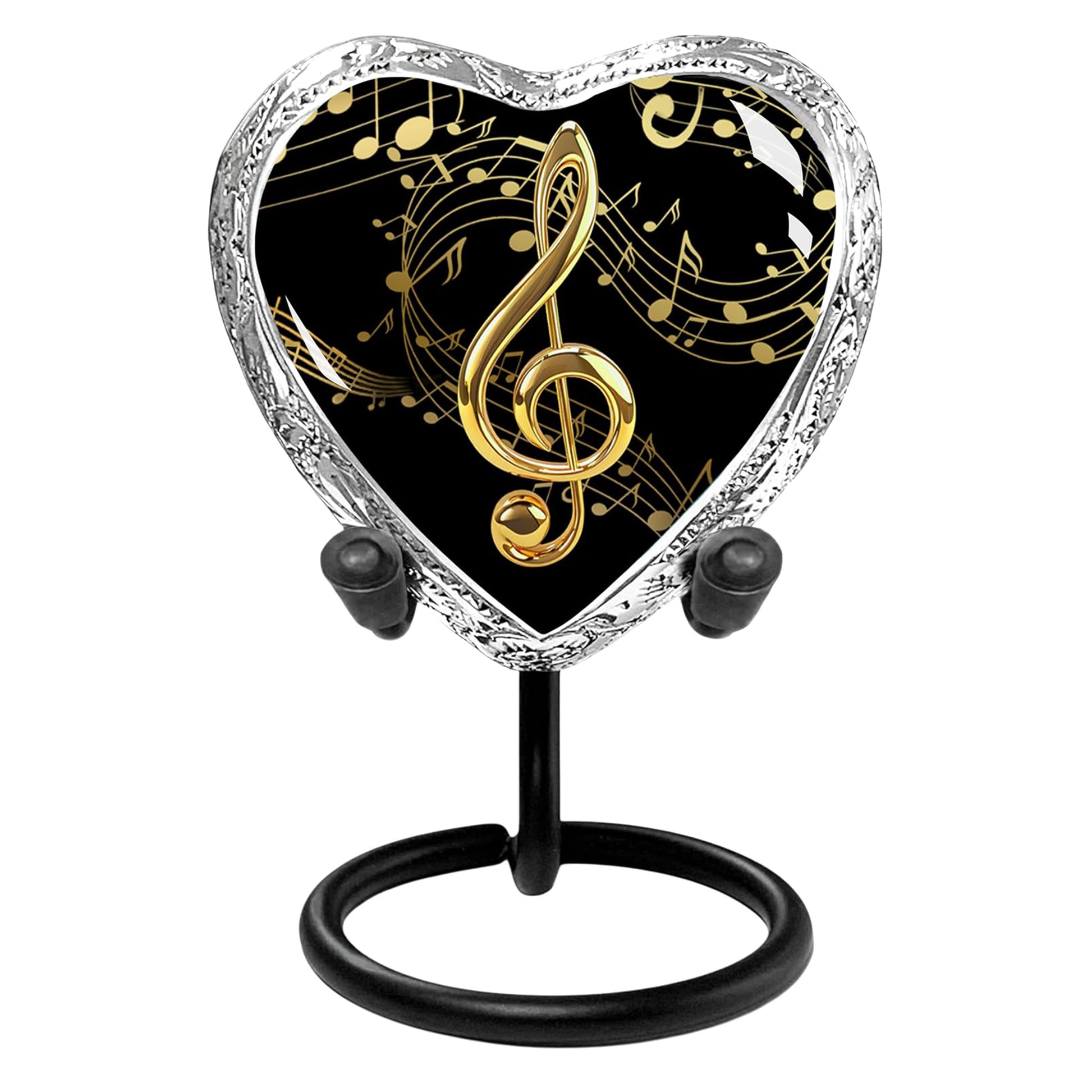 Black and gold musical notes heart keepsake urn on black metal stand clean product shot on white background