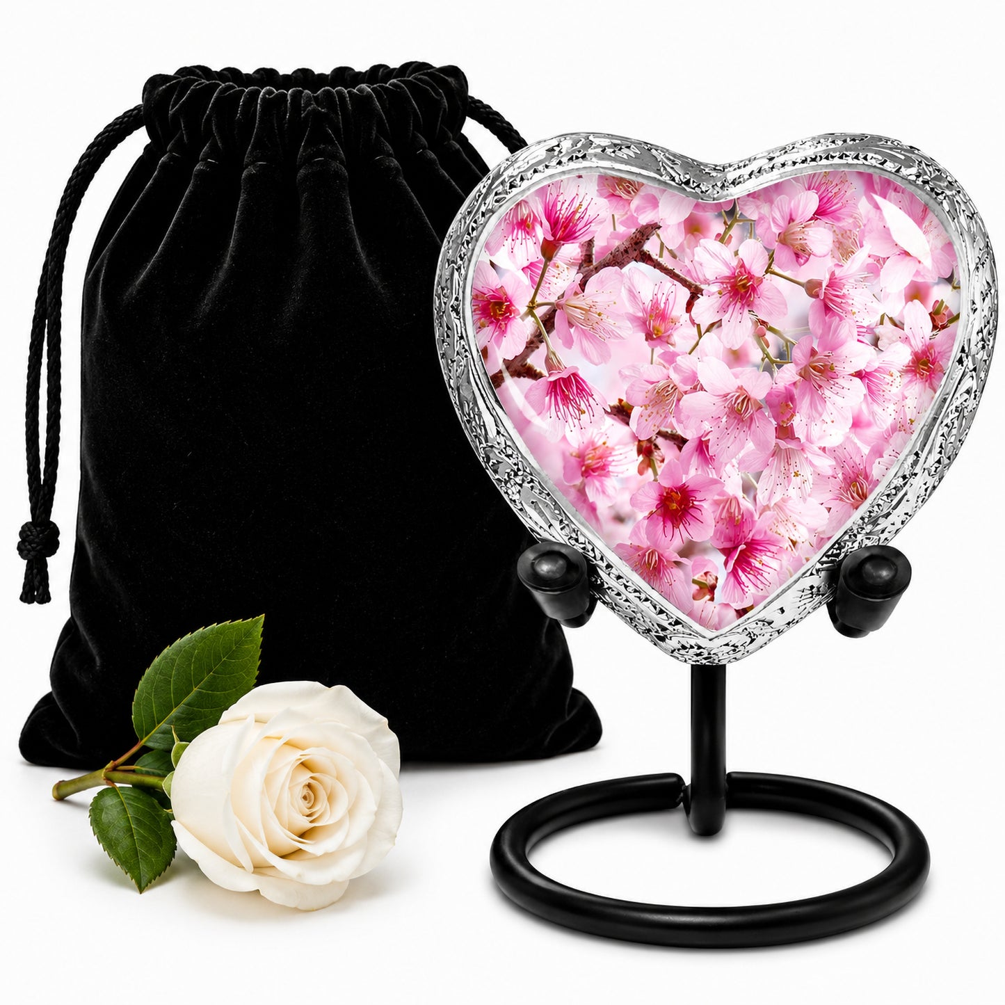 Pink Cherry Blossom Heart Keepsake Cremation Urn with display stand and black velvet bag — small memorial urn for women