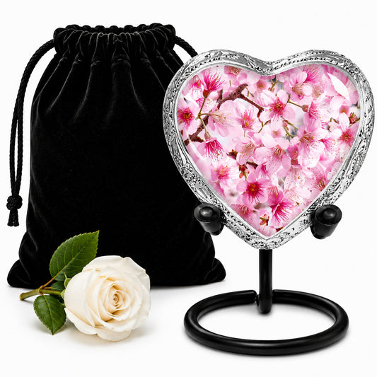Pink Cherry Blossom Heart Keepsake Cremation Urn with display stand and black velvet bag — small memorial urn for women